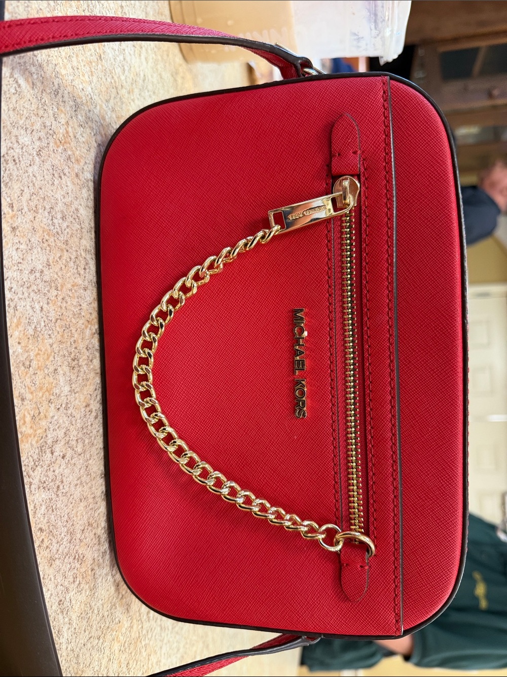 MICHAEL KORS Red Saffiano Leather Crossbody with Gold Chain Detail